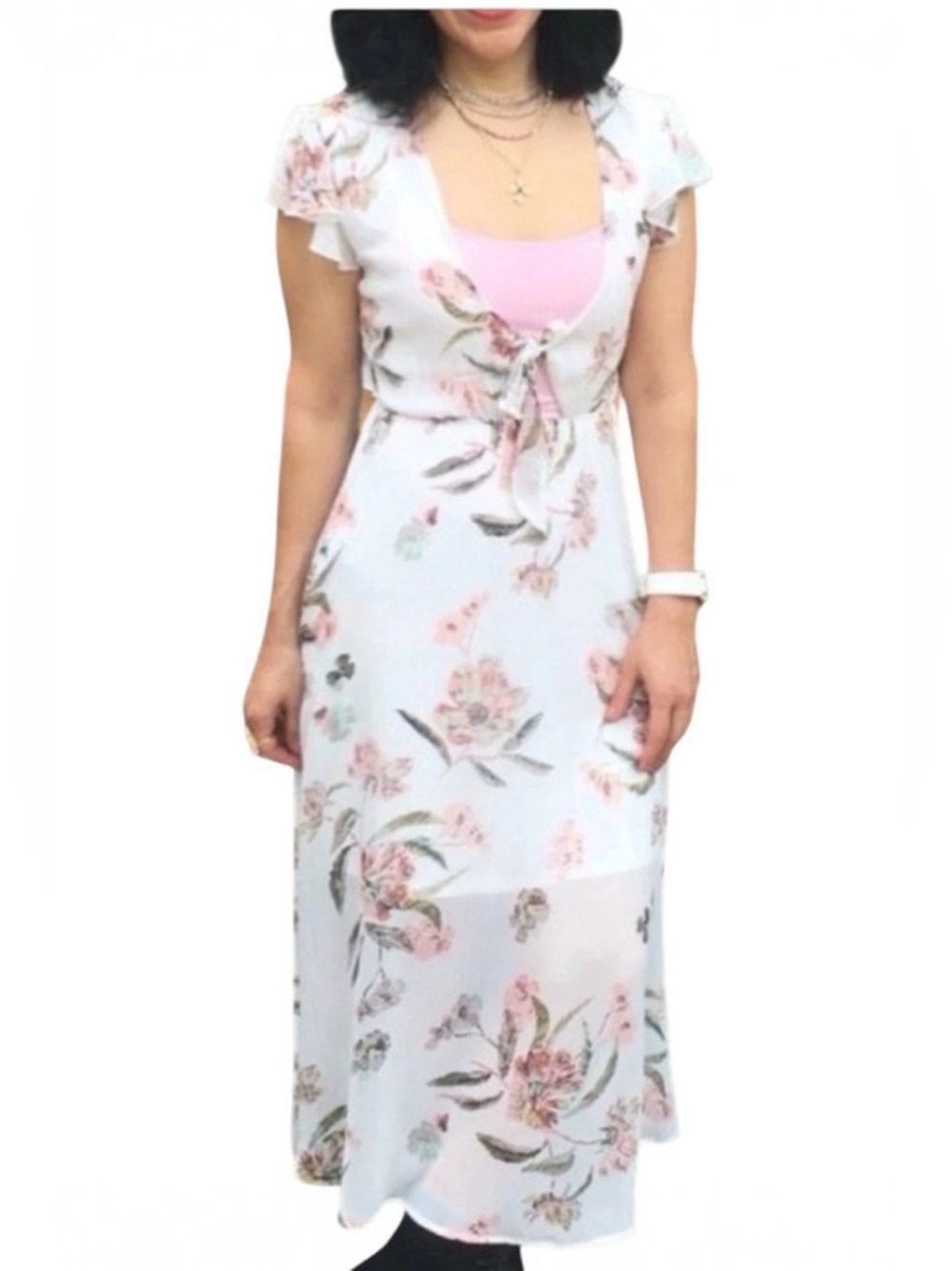 love, Fire White Floral Maxi Dress with Pink Accents